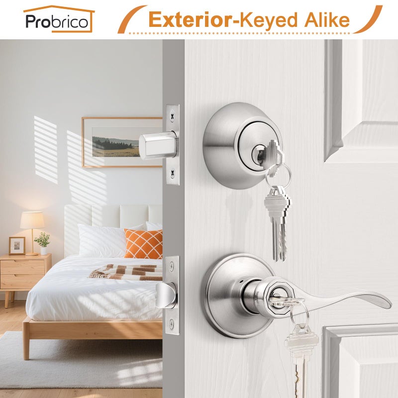 Probrico 5 Sets-Keyed Alike Entry Door Levers with Single Cylinder Deadbolts, Keyed Handleset for Front Door Exterior and Interior Hardware, Entry Lockset Lever Set Satin Nickel, Contractor Pack - Image 3